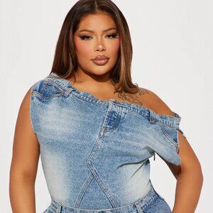 Off-the-shoulder non stretch-denim wide-leg jumpsuit